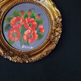 Still life in Tondo oil on panel of a bouquet of poppies signed