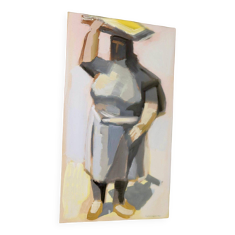 1970's Large Swedish Mid-Century Oil On Board Painting" Luo Women " by Gösta Calmeye