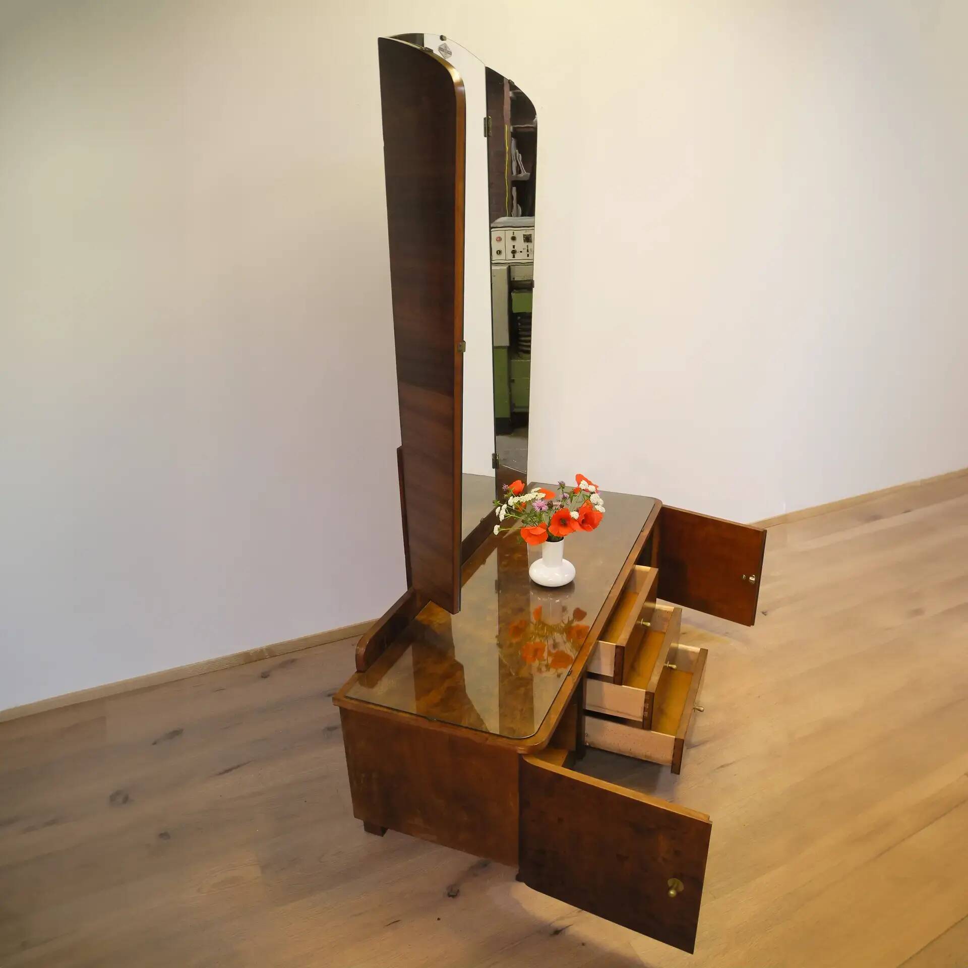 Mirror chest of drawers with swivelling mirrors, flamed birch stained, 50s