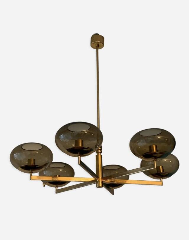 Italian brass chandelier with 6 grey smoked glass globes