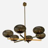 Italian brass chandelier with 6 grey smoked glass globes