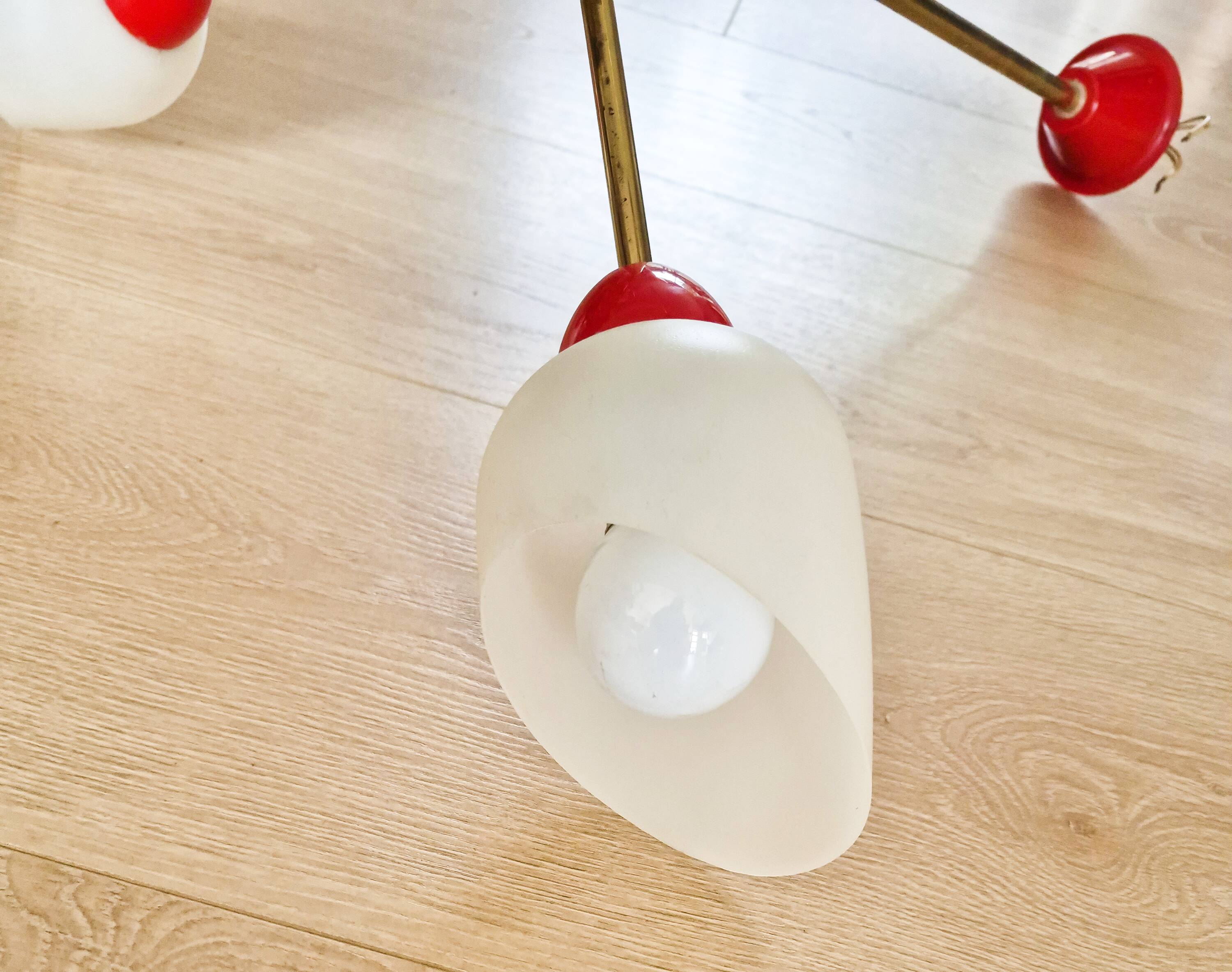 Suspension lustre en laiton  , style Stilnovo , années 50 , plafonnier