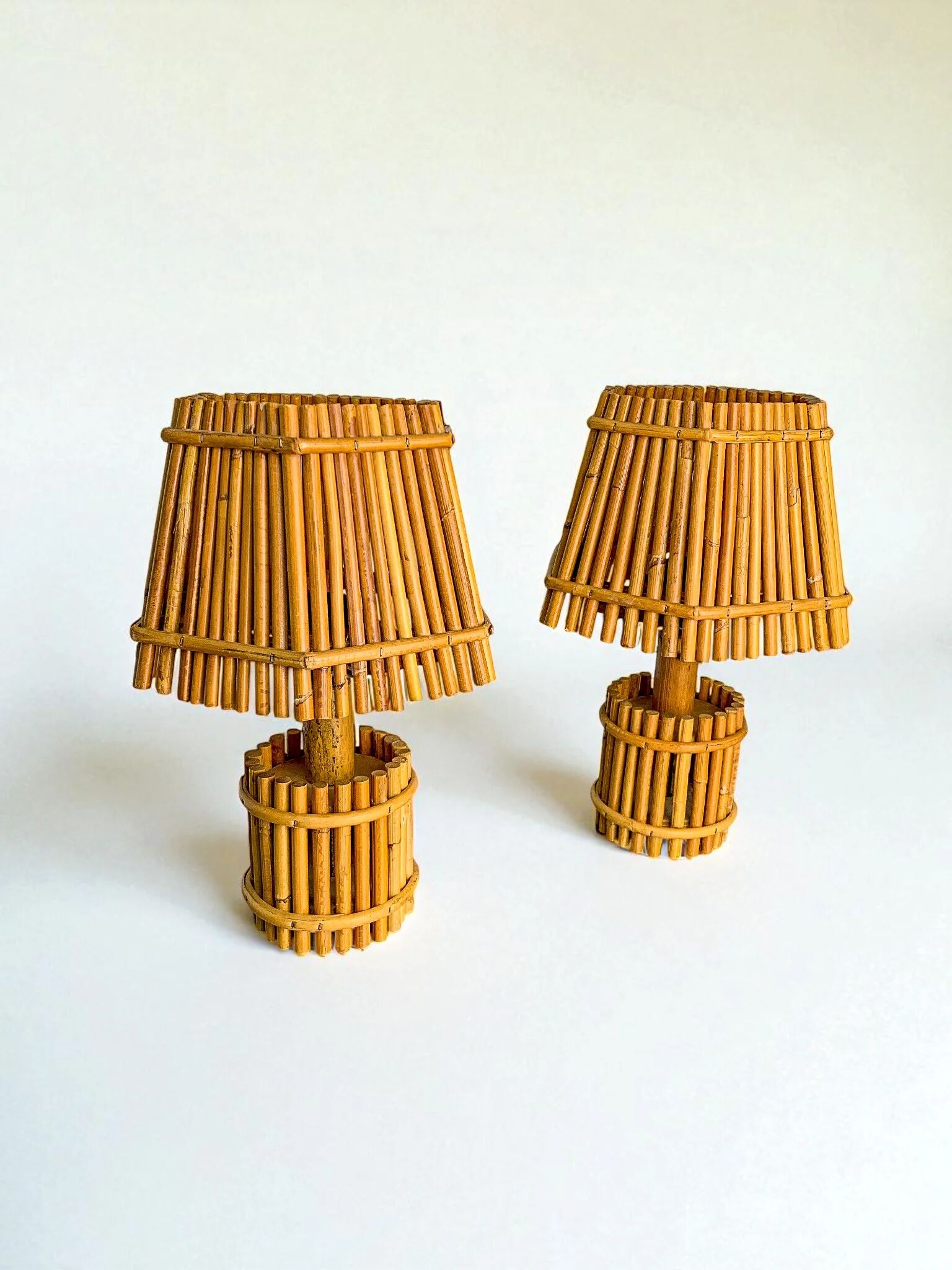 Pair of French Riviera bamboo & rattan table lamps, Louis Sognot's style, 1960s