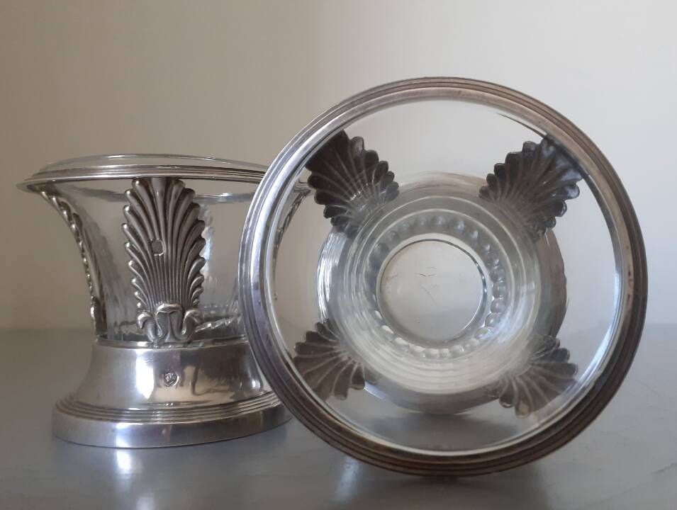 Pair of solid silver and crystal salt cellars