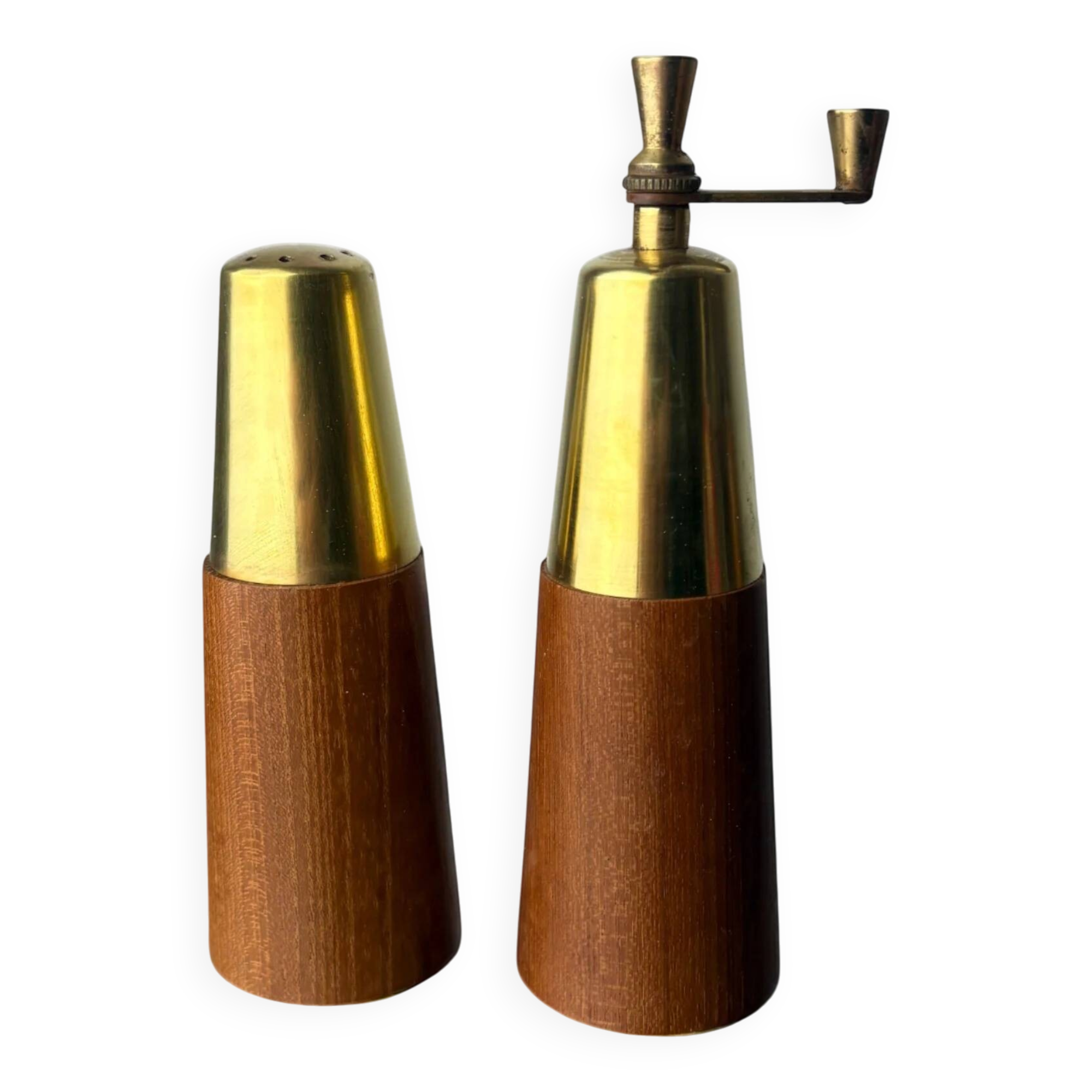 Salt shaker and pepper mill in rosewood and brass, Italy, 1970s