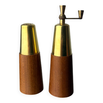 Salt shaker and pepper mill in rosewood and brass, Italy, 1970s