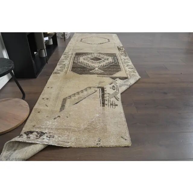 1970s Turkish Oushak handmade wool cotton beige runner rug 96x331