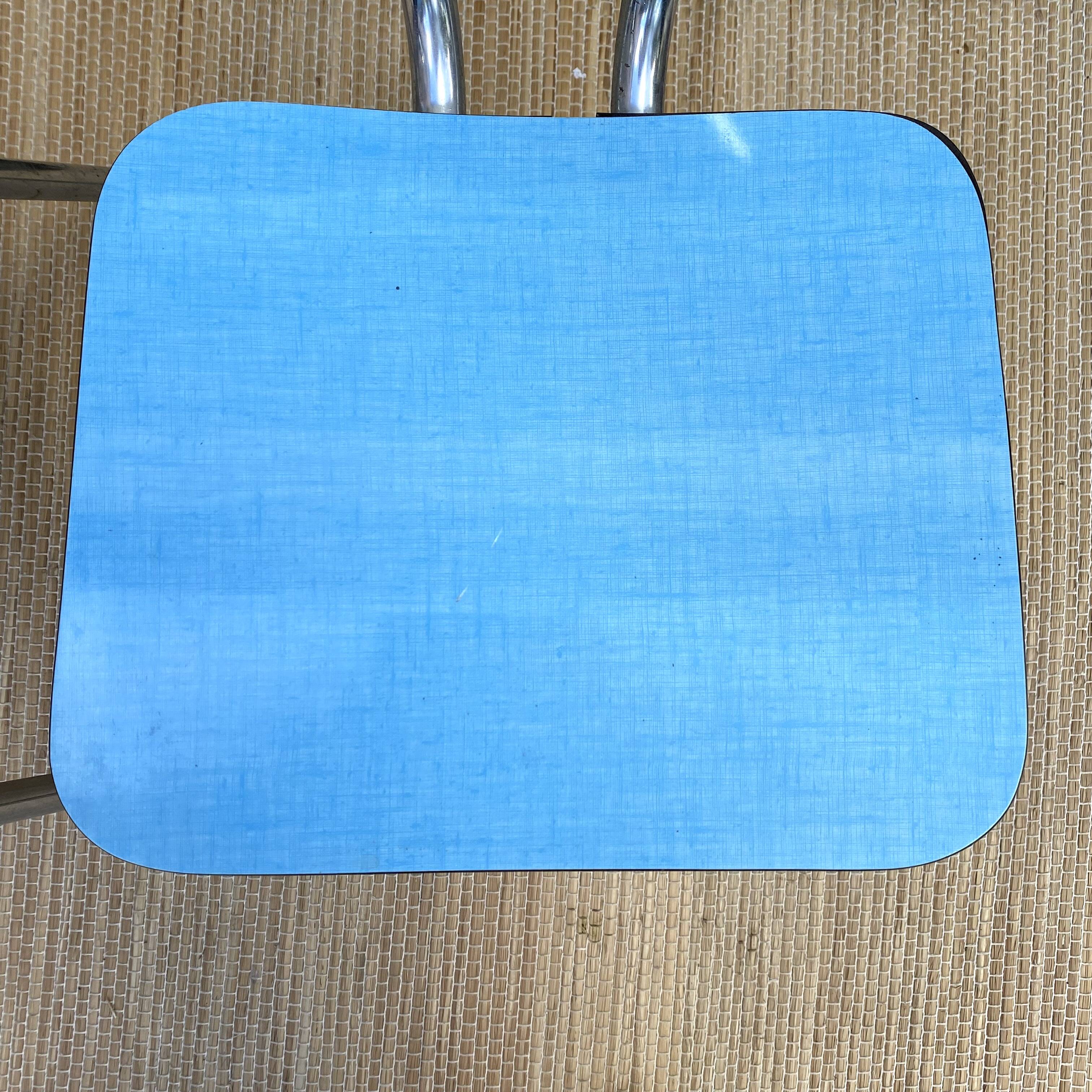 Extendable blue formica table and 2 chairs, 1960s