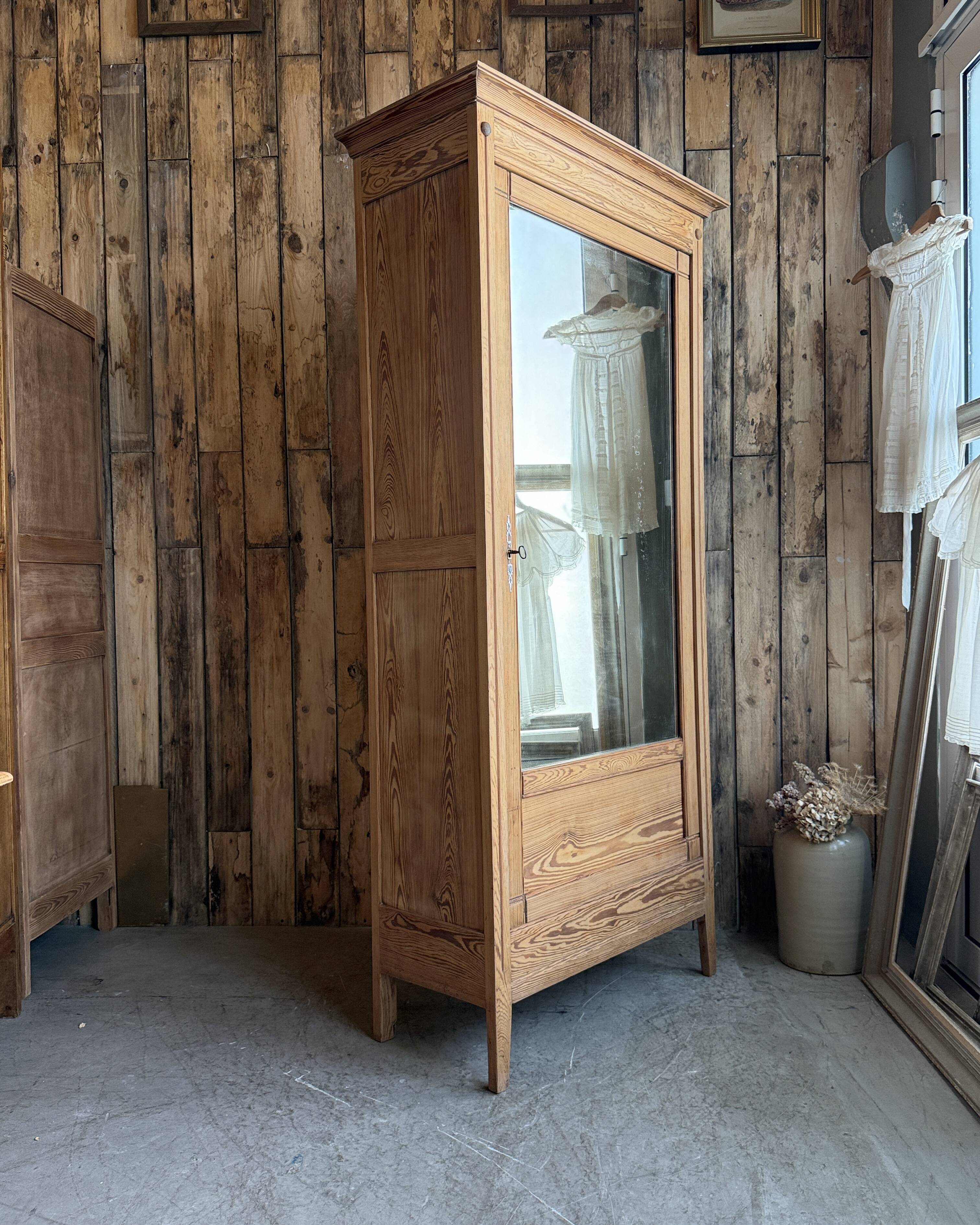 Antique mirrored wardrobe in pitch pine (renovated)