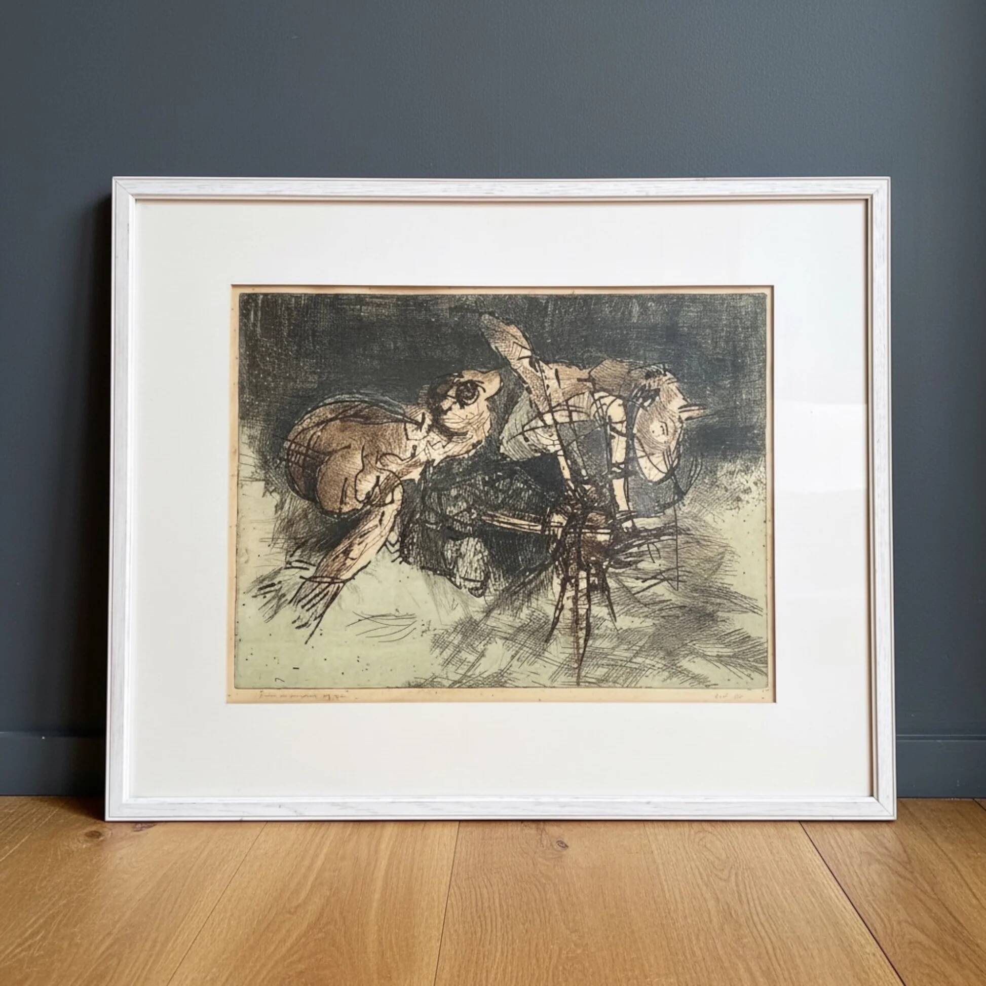 Dutch art print of a jumping frog, 1970, signed and numbered.
