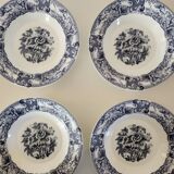 Set of 4 opaline hollow plates floral blue / black decoration