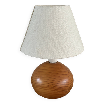 Lampe boule vintage en bois, abat-jour en tissu, années 80