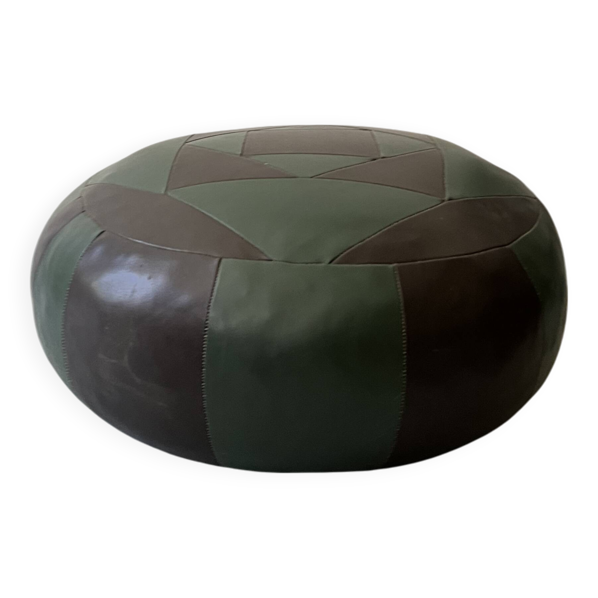 round pouf in genuine green and brown patchwork leather, 1970