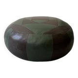 pouf rond en cuir véritable patchwork vert et marron, 1970