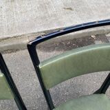 6 Italian design dining chairs in Scandinavian style with wood and olive green leather.