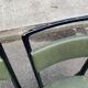 6 Italian design dining chairs in Scandinavian style with wood and olive green leather.