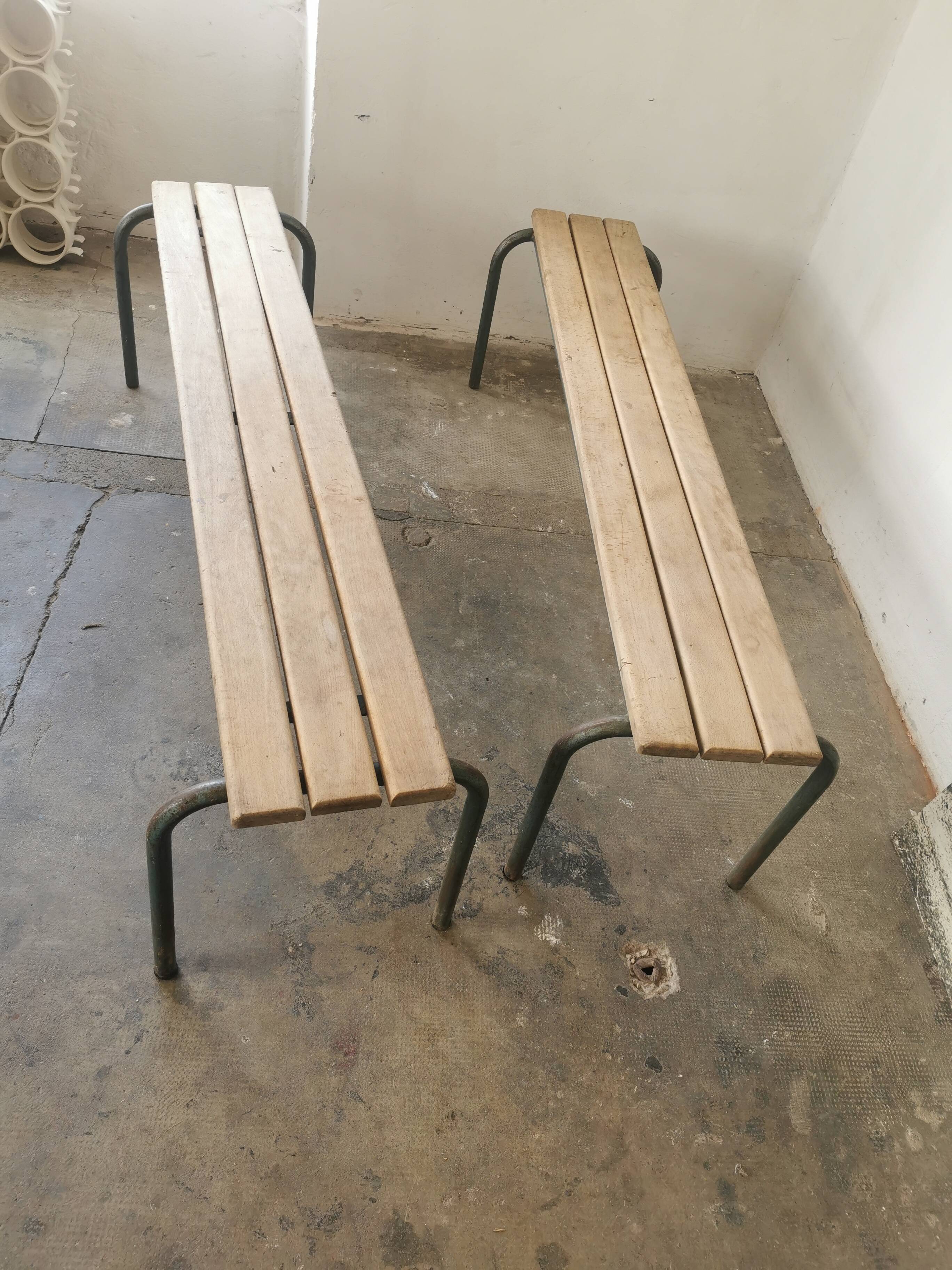 Pair of vintage metal and wood school benches