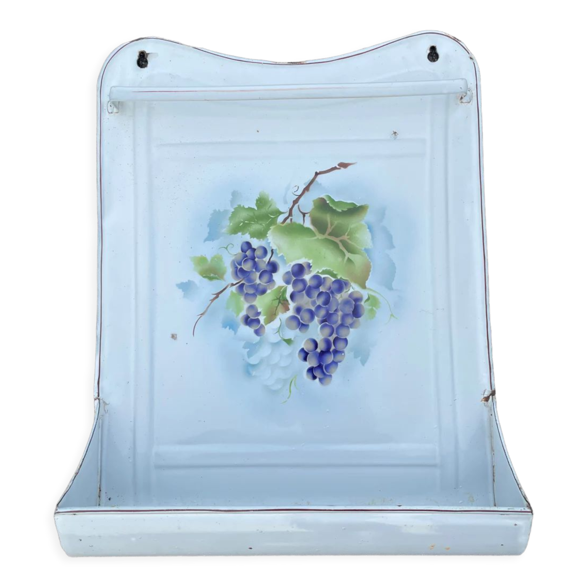 Old utensil holder in enamelled sheet metal grape decoration