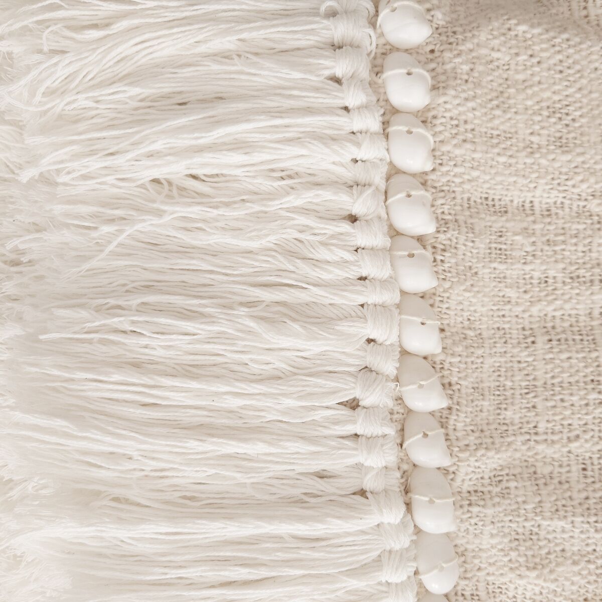 White Aussa plaid with fringe and shells