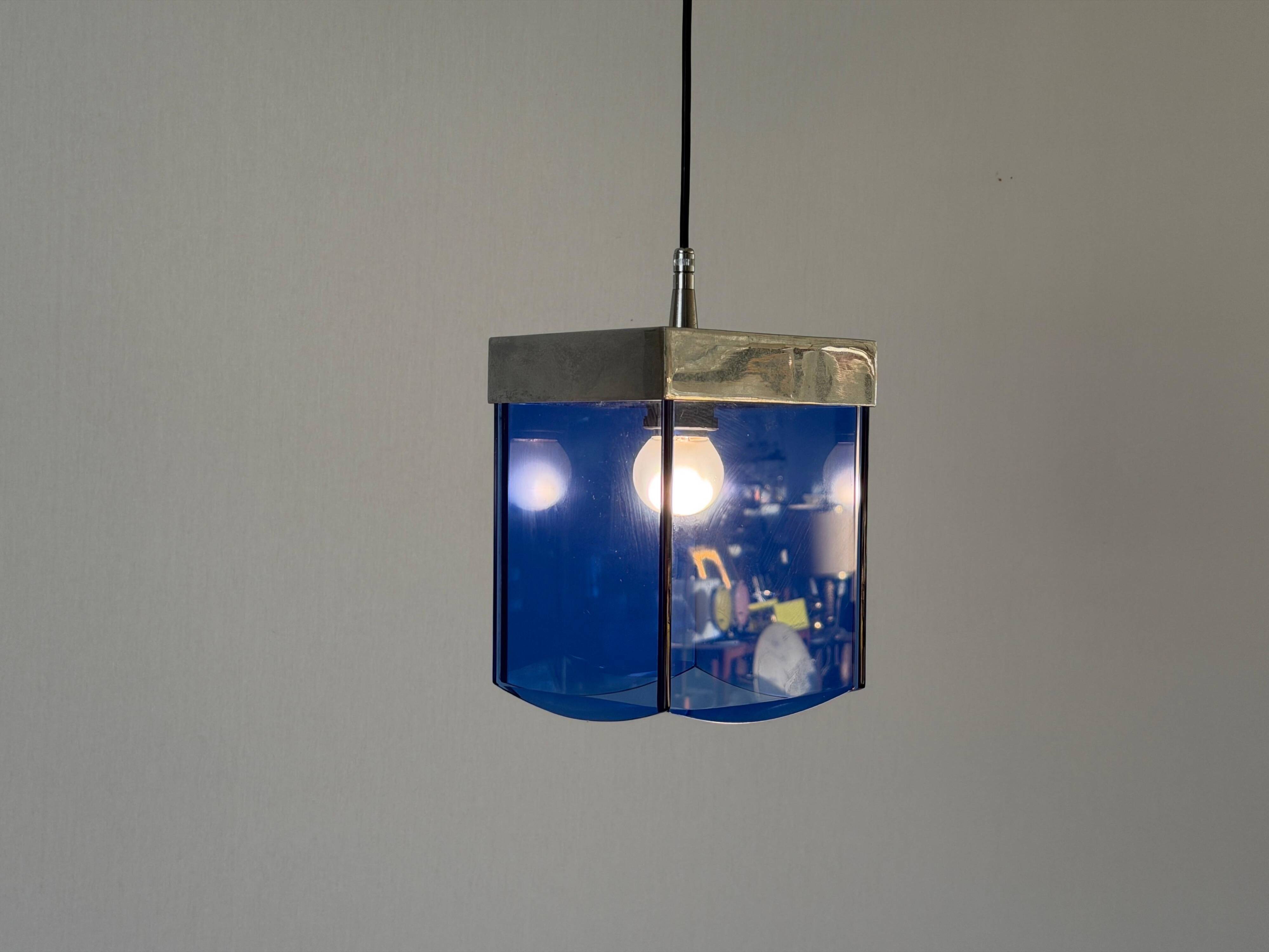 Art Deco ceiling light in blue glass and chrome, 1950s, Italy