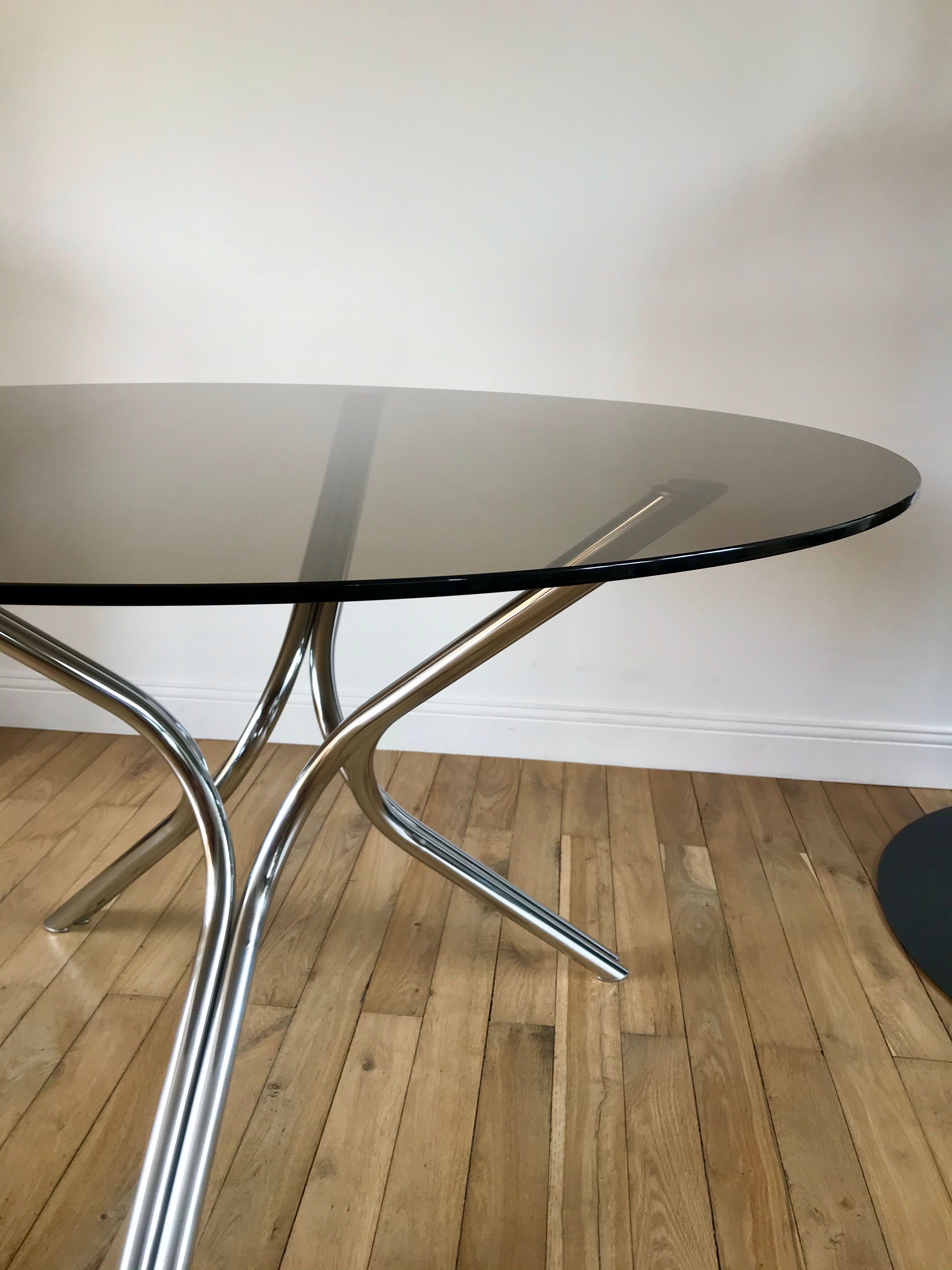 Dining / living table in chrome and smoked glass design 70s
