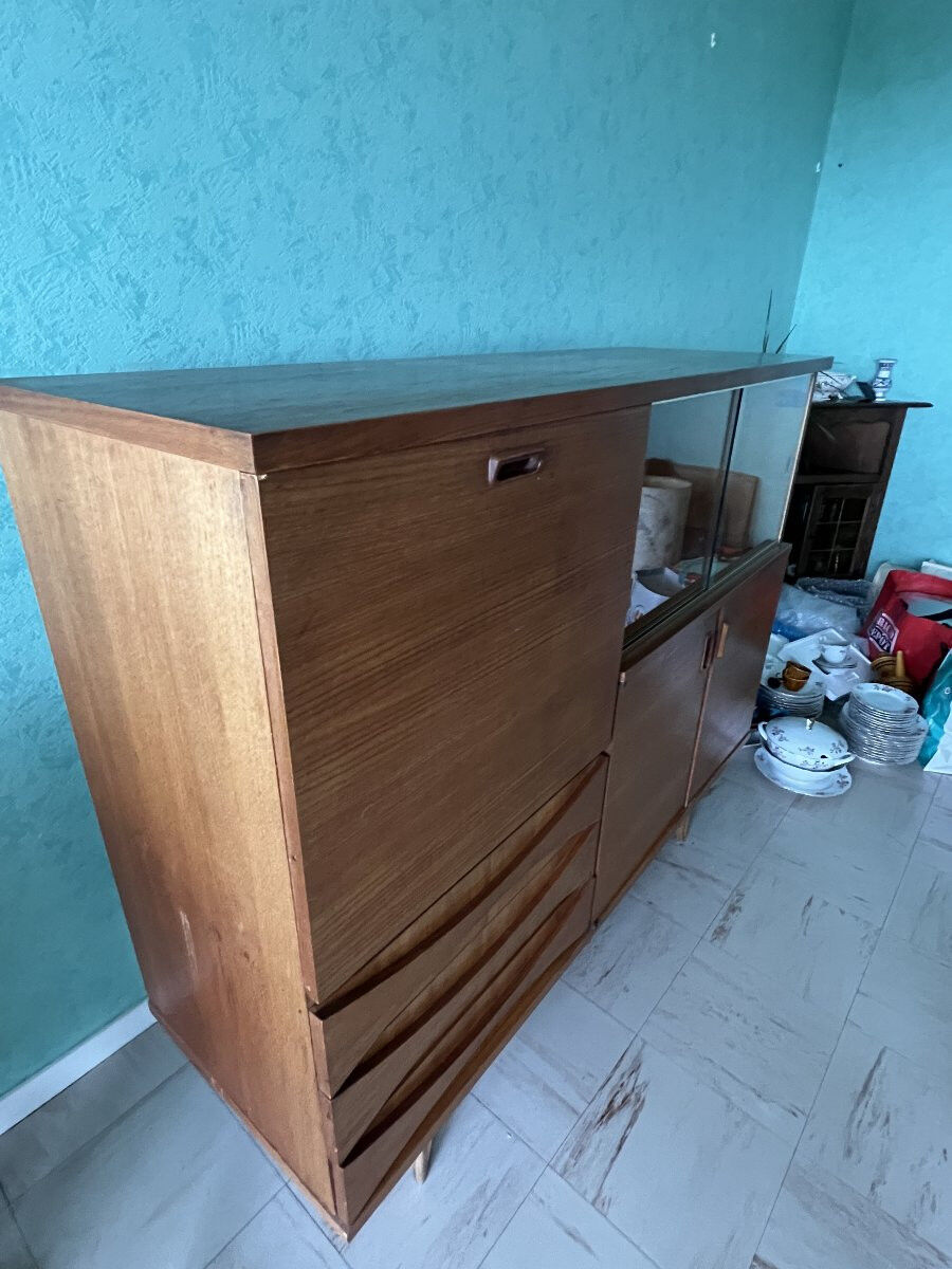 Scandinavian style furniture, brand "eros" in blonde teak, around 1960.