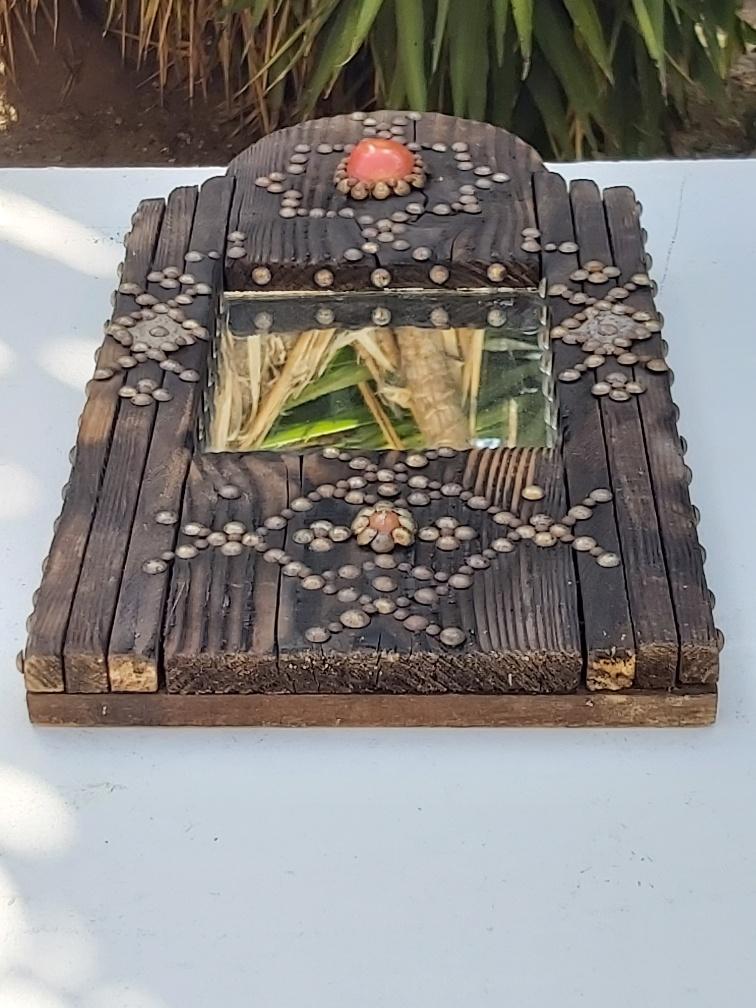 Ancient brutalist oriental wooden mirror 23x53cm