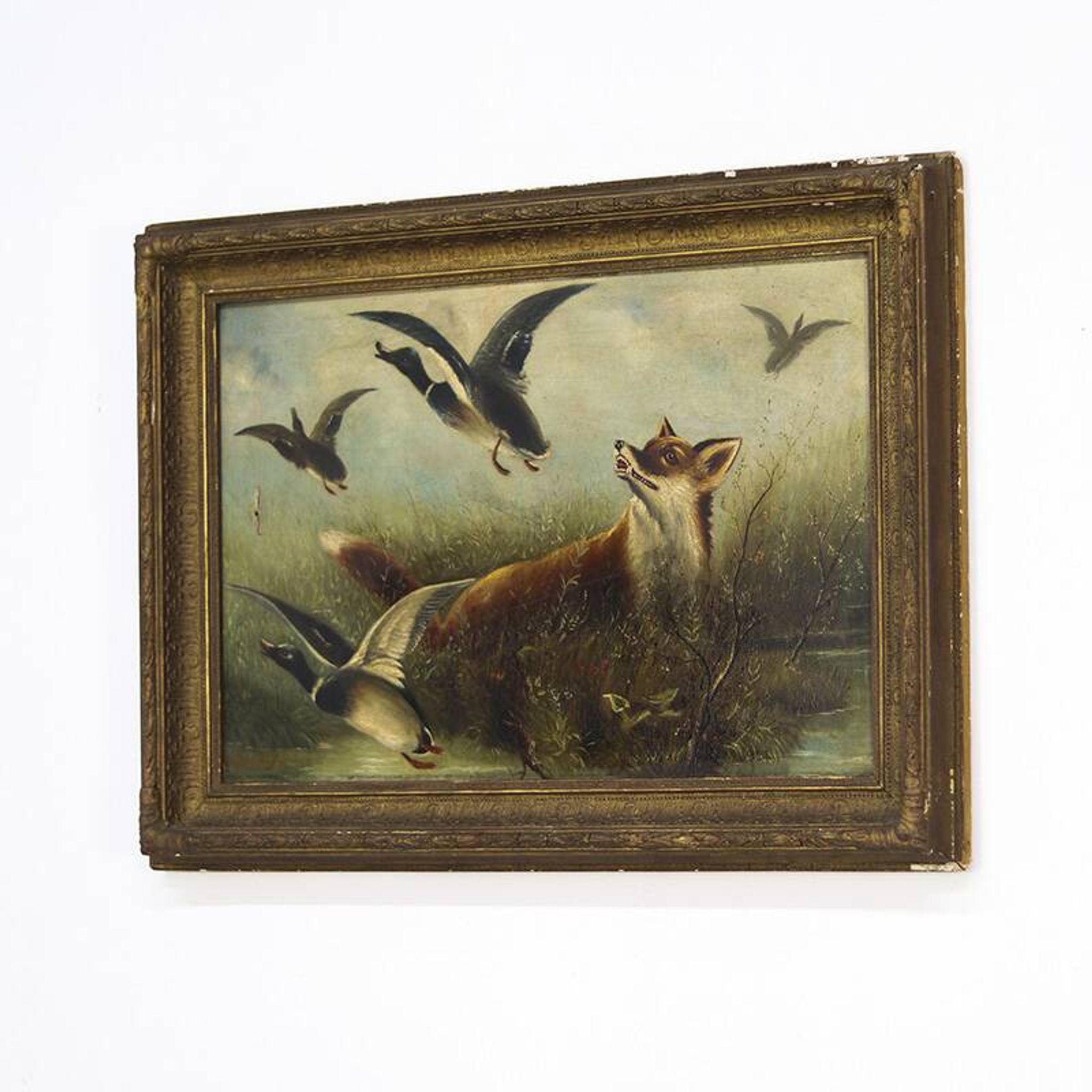 Peinture anglaise antique décorative de renard et canards