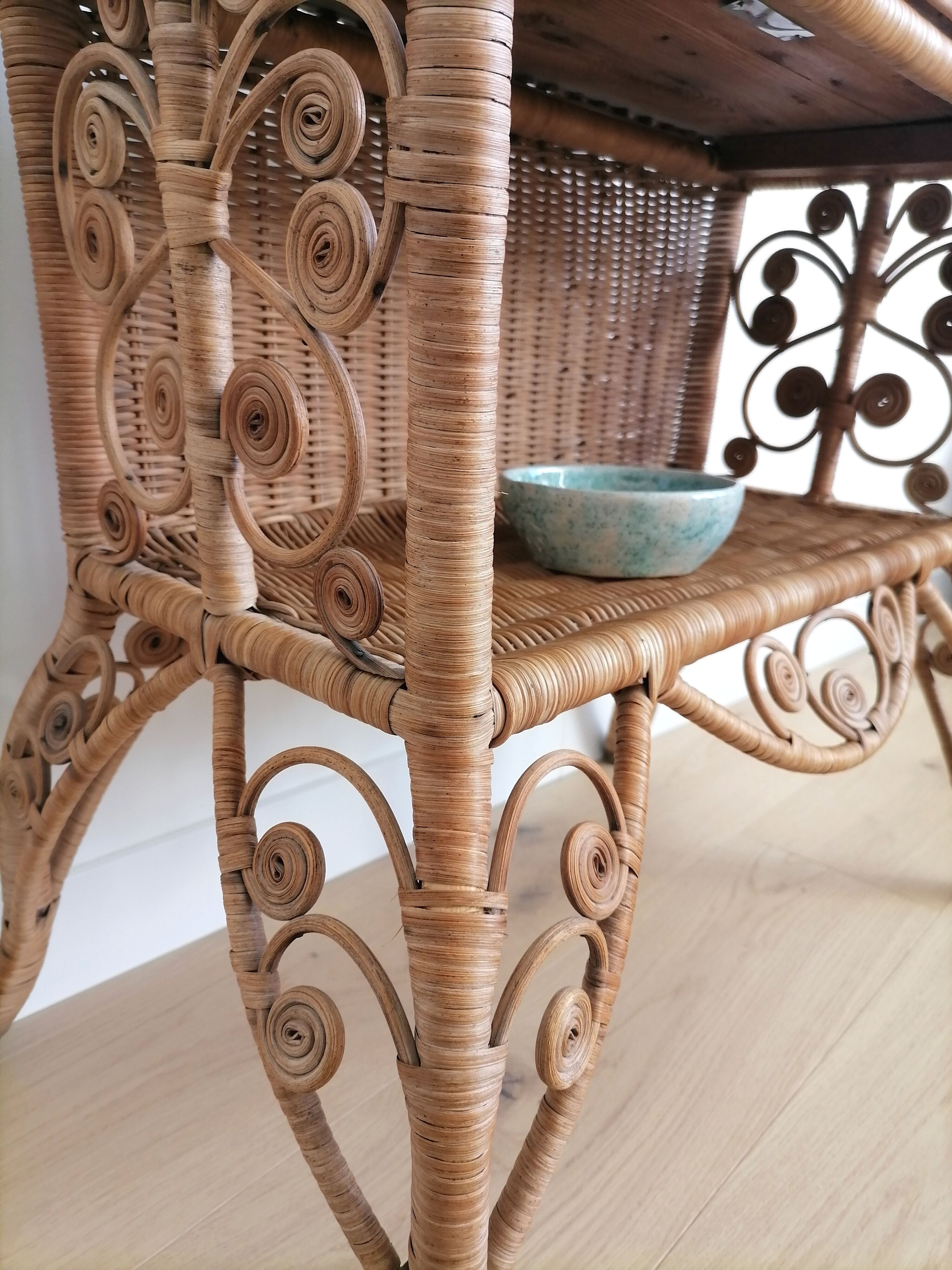 Vintage rattan bedside table "peacock"