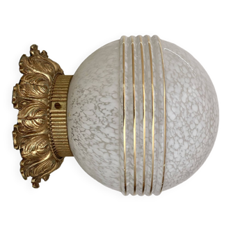 Vintage wall or ceiling light, art deco globe in white and gold clichy glass