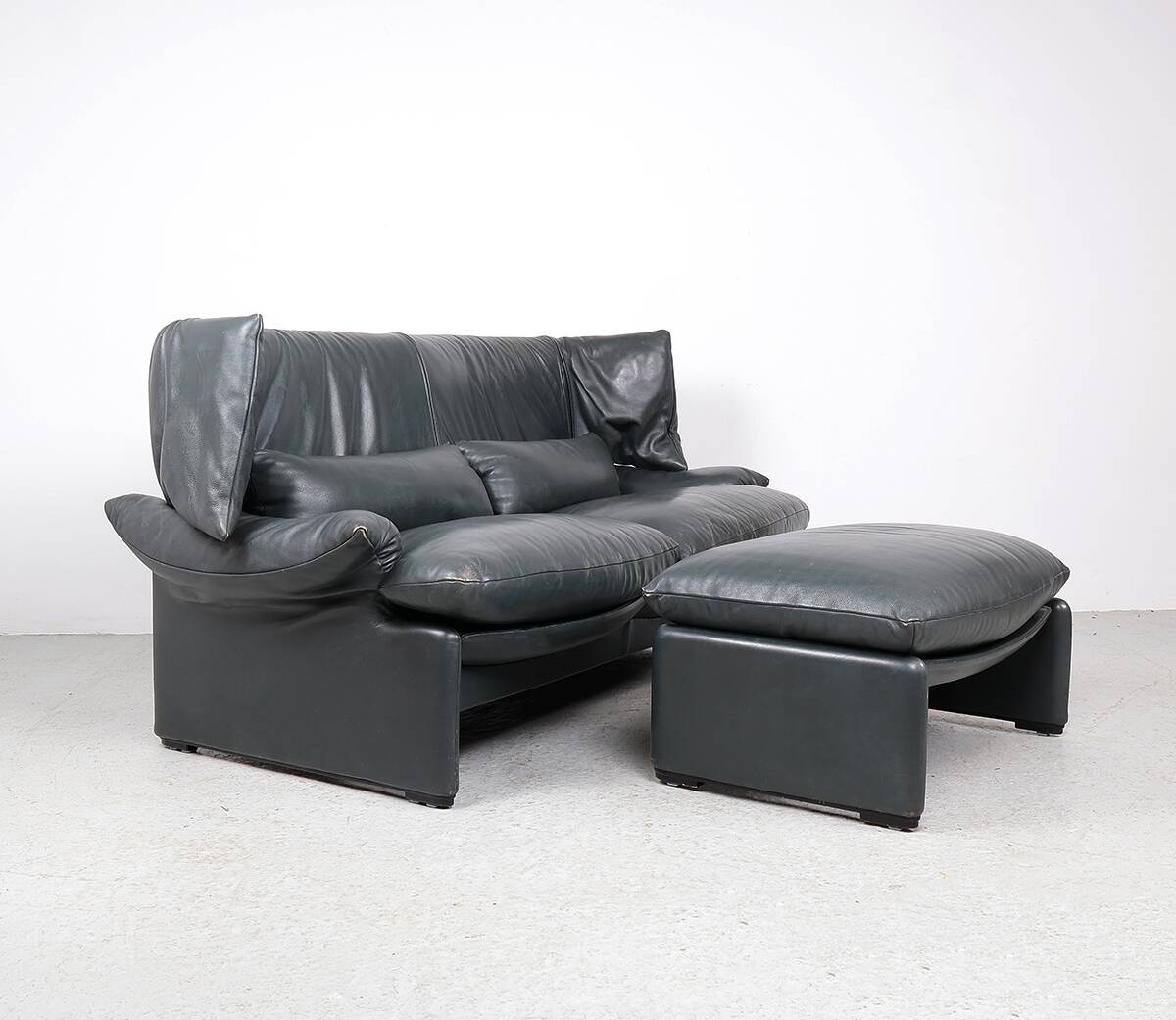 Leather Sofa with Pouf by Vico Magistretti for Cassina, 1980s, Set of 2