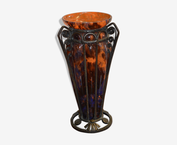 Delatte nancy art deco art deco glass paste and wrought iron vase | Selency