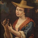 Italian Framework Portrait Of A Girl With A Goldfinch From 18th Century
