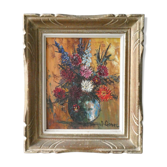 Tableau huile sur toile nature morte bouquet de fleurs milieu XXème