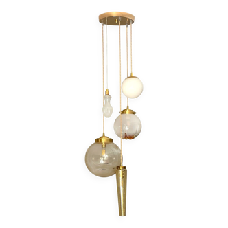 Large cascade suspension with amber and opaline Murano glass.