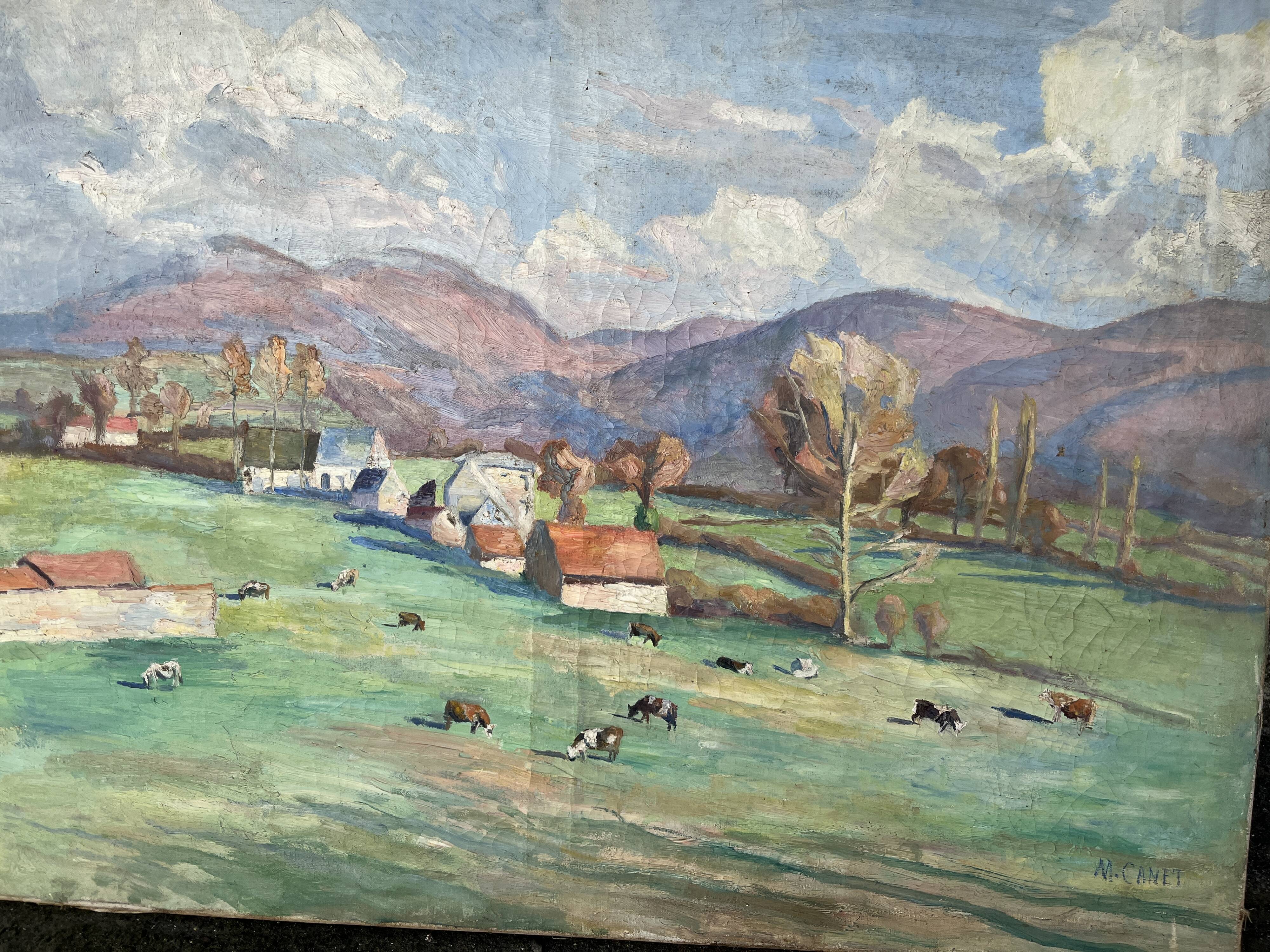 Large painting by Mr. Canet - Countryside landscape with cows