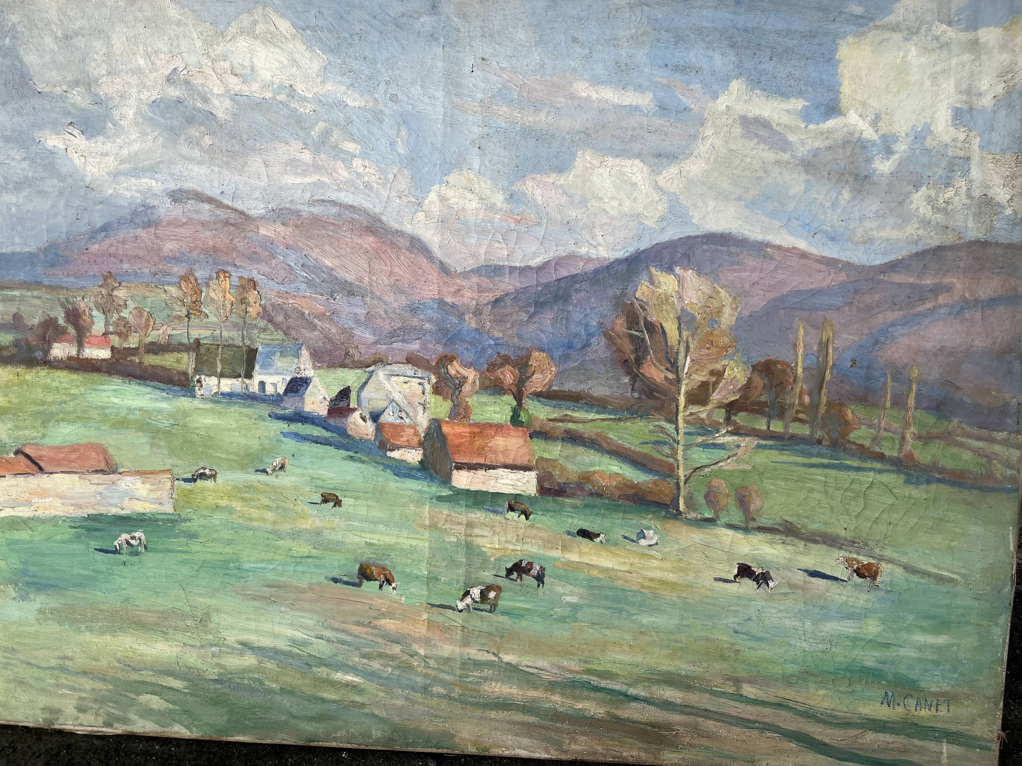 Grand tableau de M. Canet - Paysage de campagne aux vaches