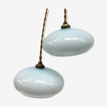 Pair of vintage suspensions in pale blue opaline