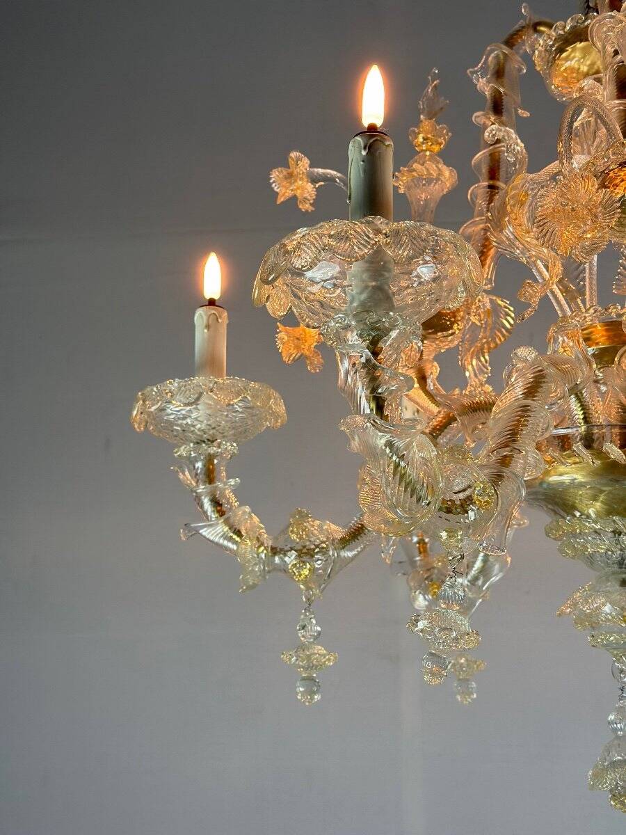 Venetian rezzonico chandelier in golden murano glass, 6 arms of light circa 1930