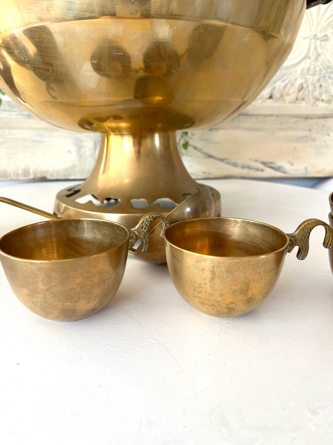 Brass Punch Bowl Set with 12 Cups, Ladle – French Vintage Mid-Century