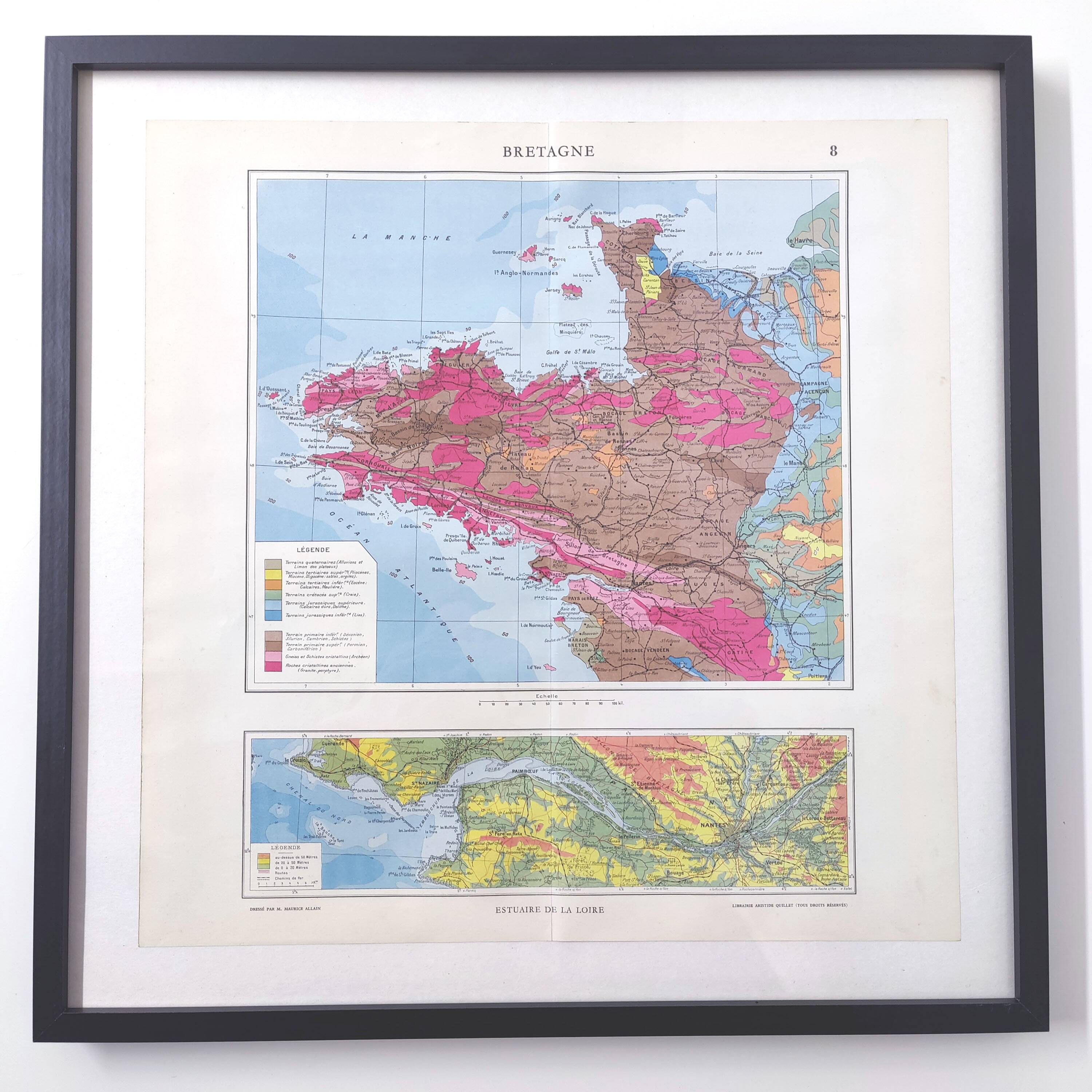 Brittany and Loire estuary map 43x43cm vintage from 1950