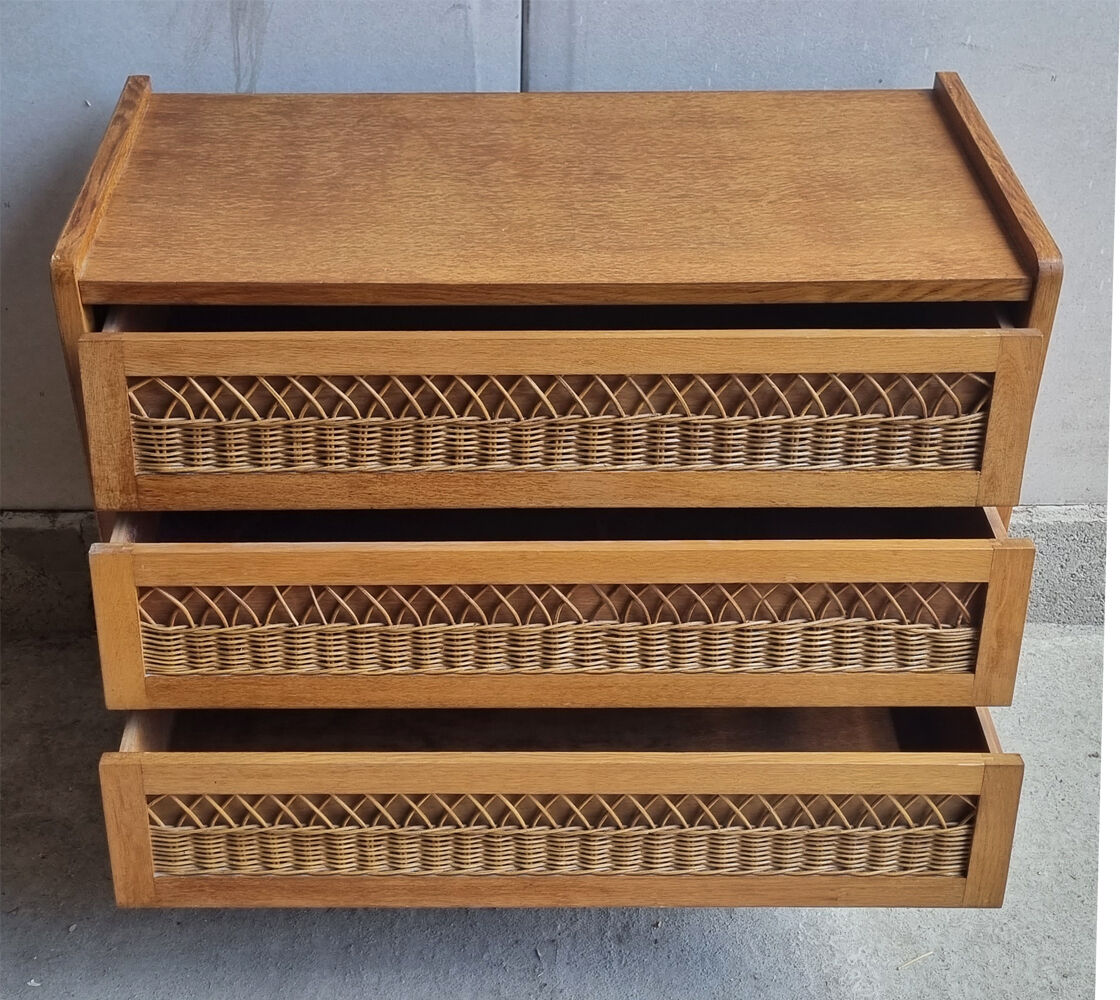 Wood chest of drawers and rattan cross, vintage, 60s