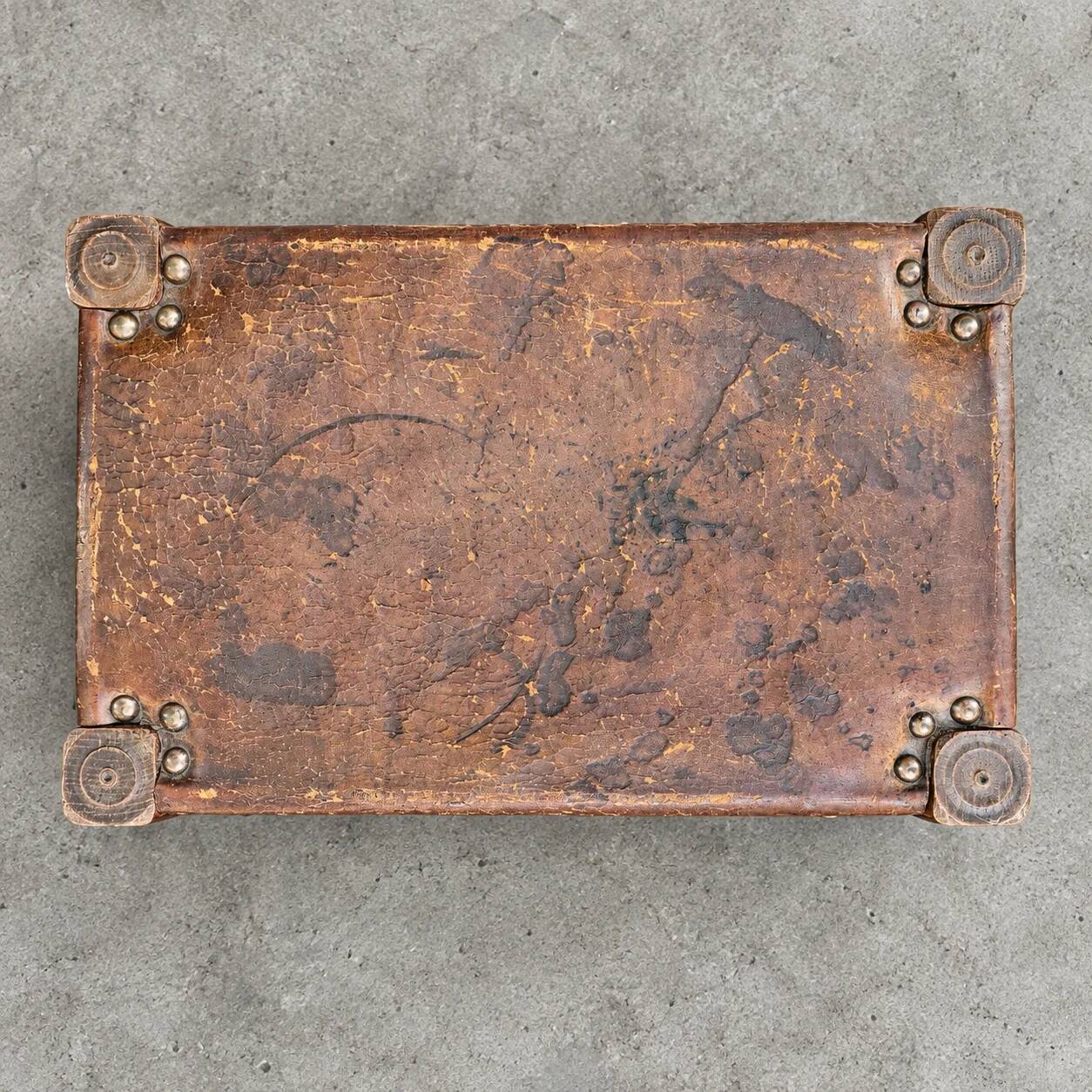 2 x Spanish footstool / wood leather / medieval-style / 1920s