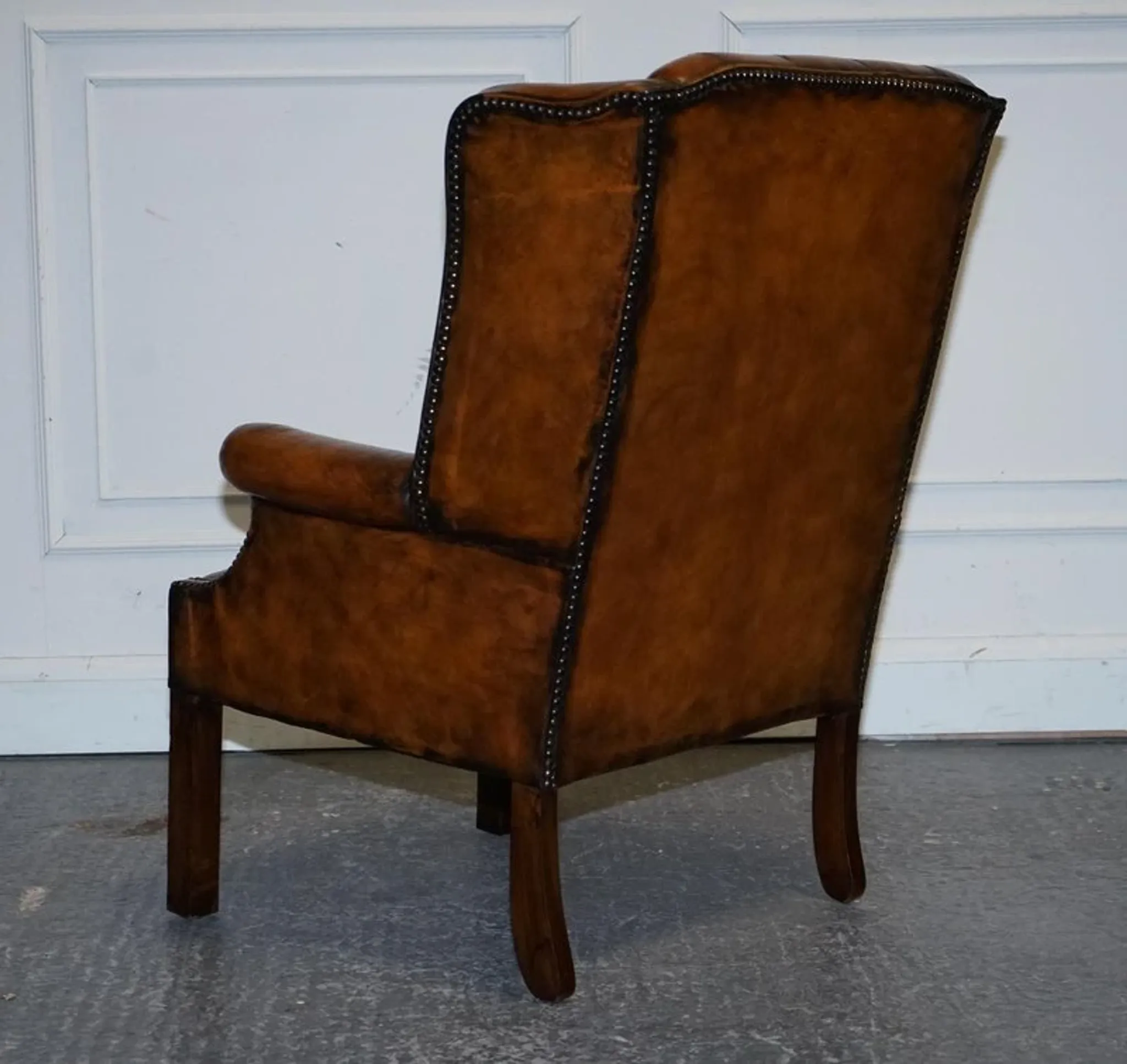 Chesterfield Wingback Armchair Set in Hand-Dyed Brown Leather, 1960s