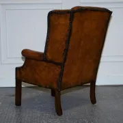 Chesterfield Wingback Armchair Set in Hand-Dyed Brown Leather, 1960s