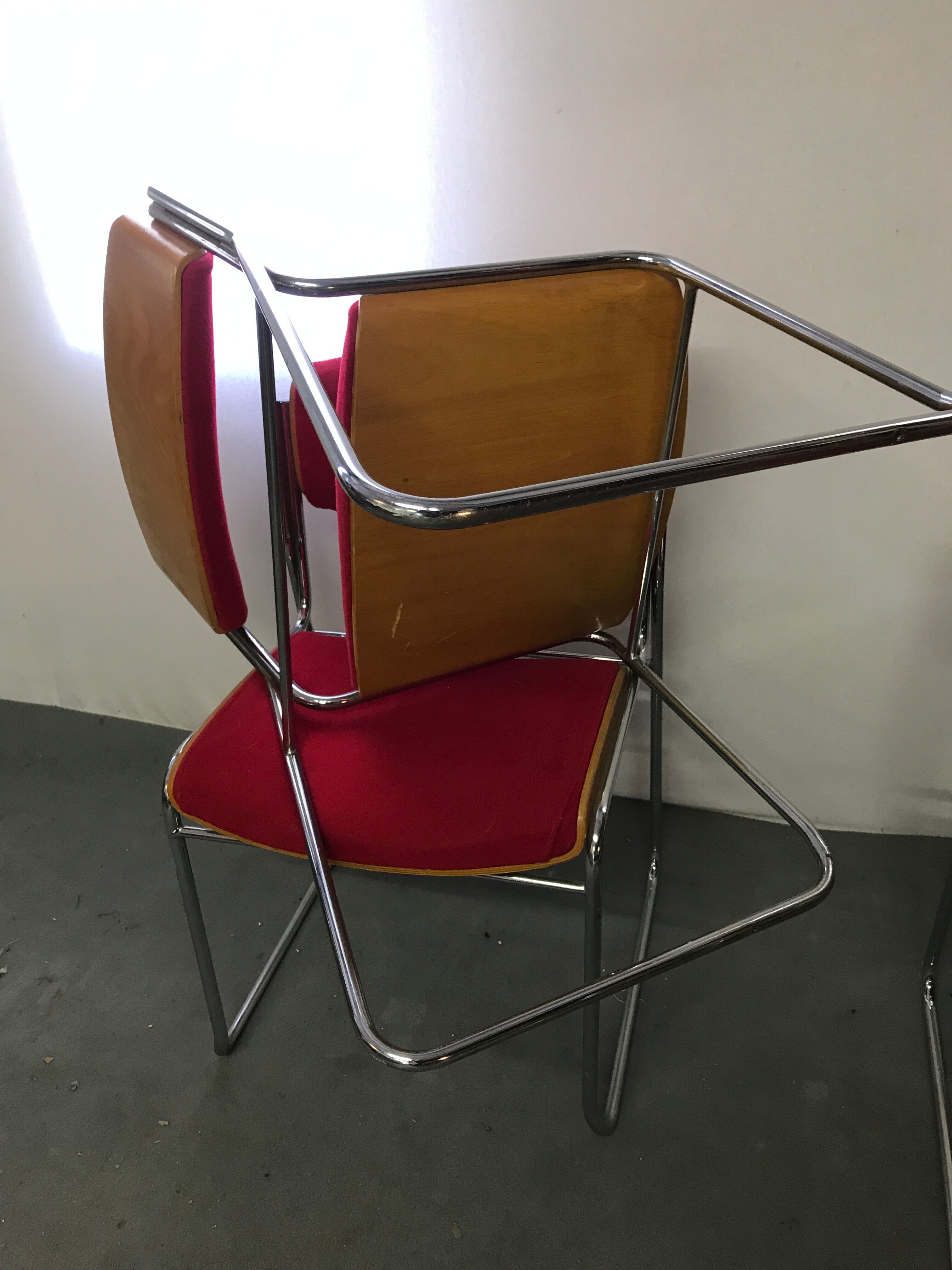 6 chrome chairs wood and red wool