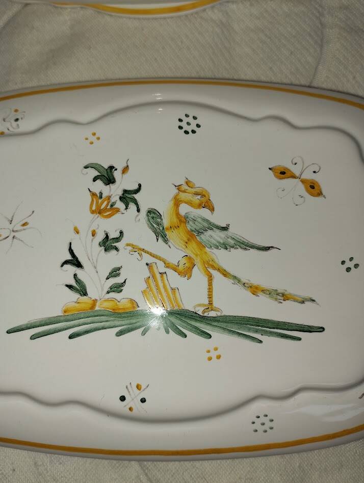 Antique butter dish in faience – Bird decoration – Late 19th / early 20th century
