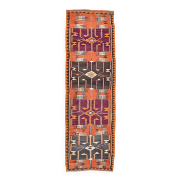 Tapis Kilim multicolore à motif de taille rare 4x12, 113x364Cm