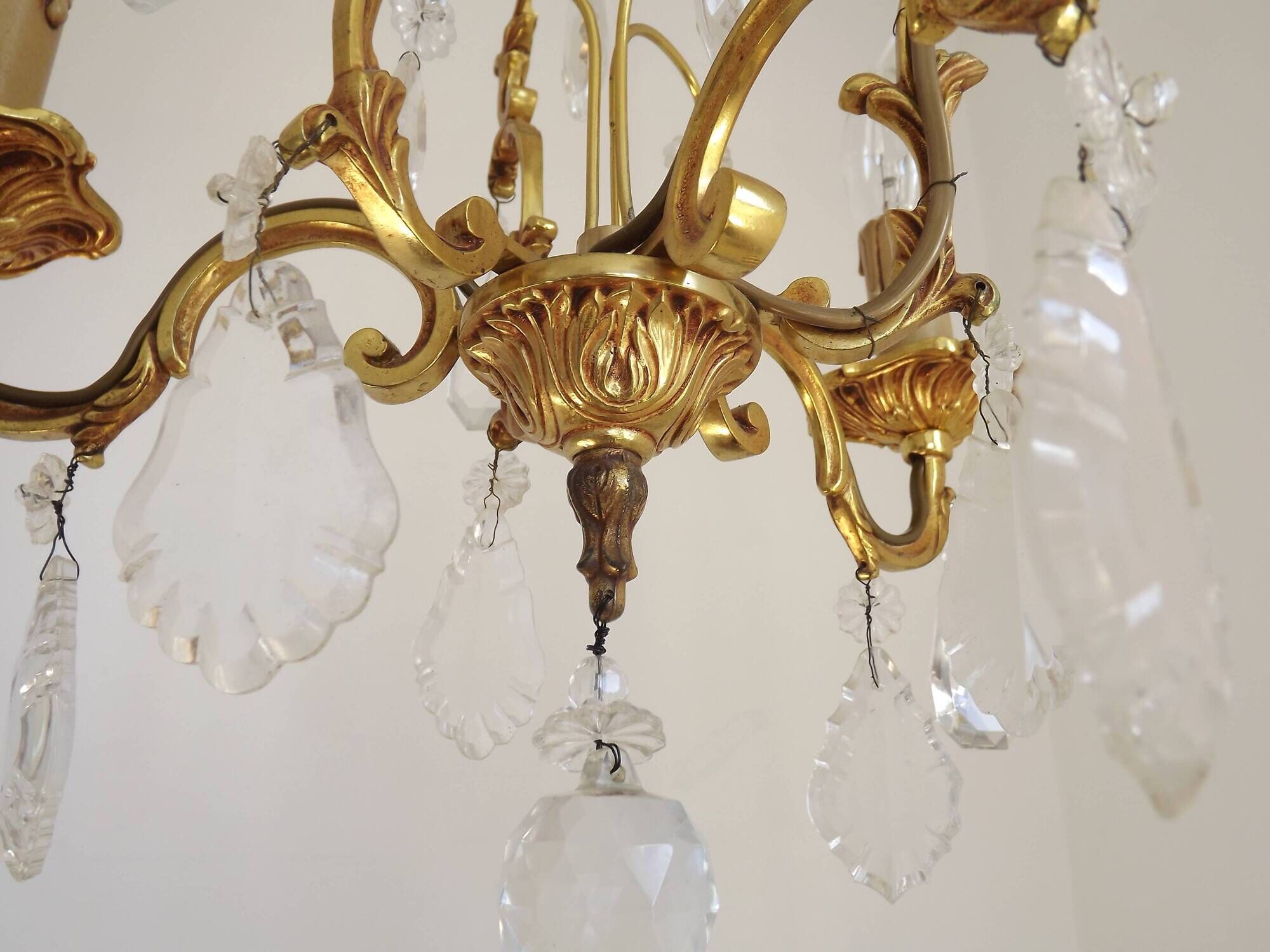 French Vintage Brass Mid Century 3 Light 3 Sided Crystal Cage Chandelier