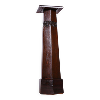 Restored artdeco oak pedestal, revived polish, czechia, 1920s